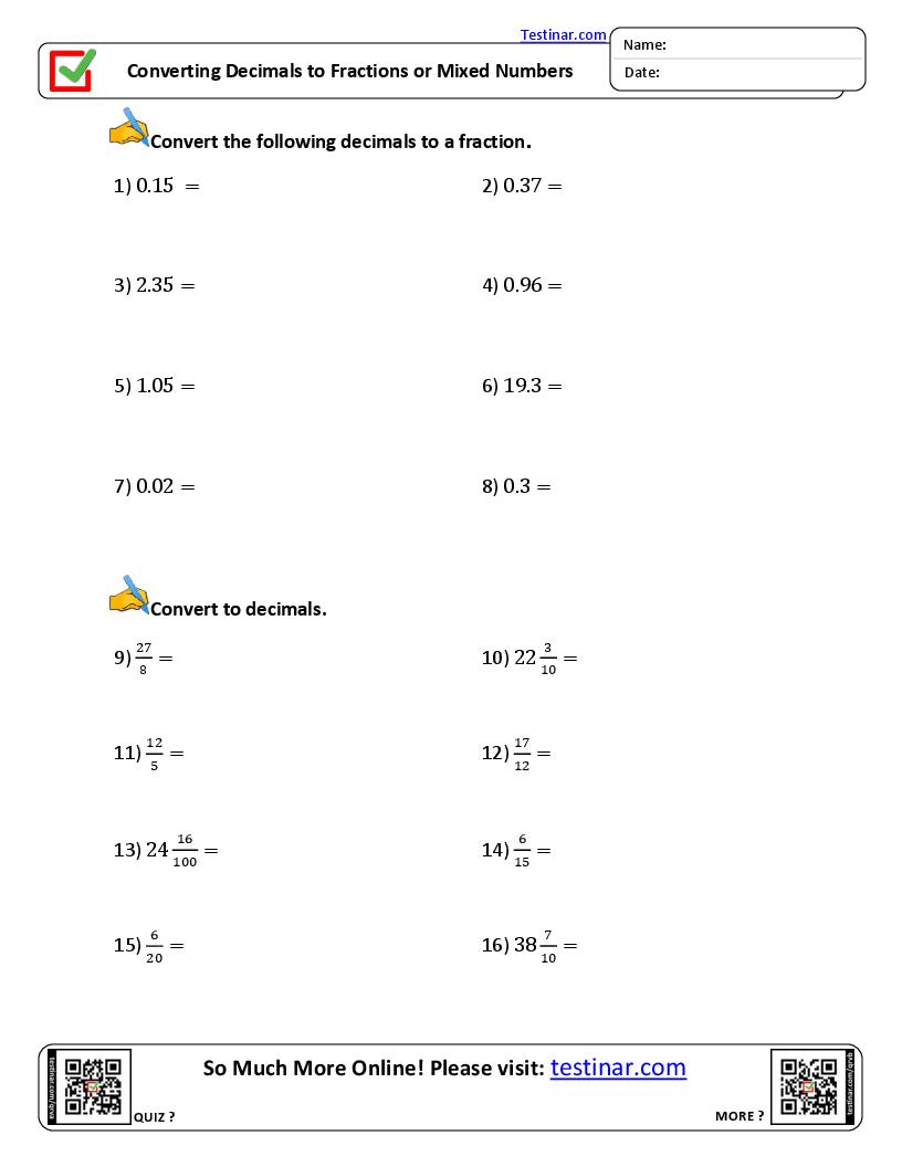 Converting Between Fractions, Decimals and Mixed Numbers