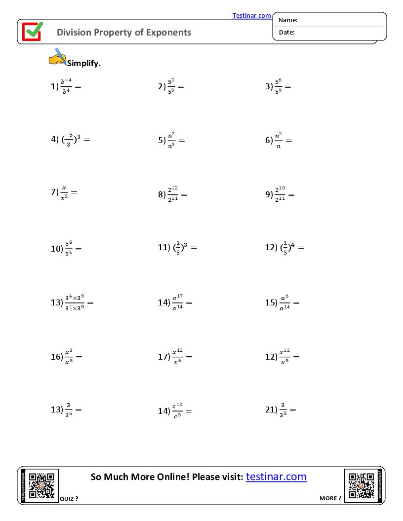 Division Property Of Exponents Worksheets