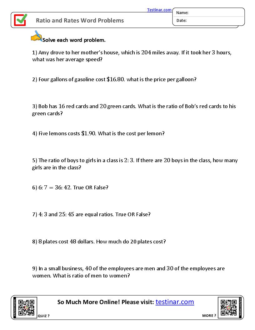 Ratio and Rates Word Problems