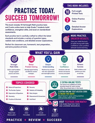 10 California CAASPP Grade 7 Math Practice Tests workbook back cover showing California CAASPP Grade 7 Math skills and answer support