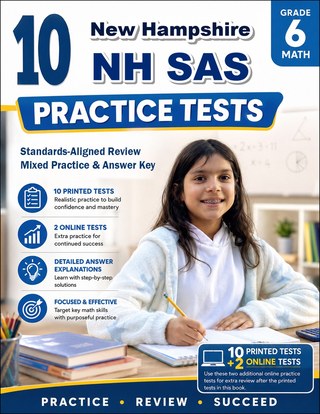 The New Hampshire NH SAS Grade 6 Math Practice Tests Bundle workbook image for standards-aligned New Hampshire NH SAS Grade 6 Math practice