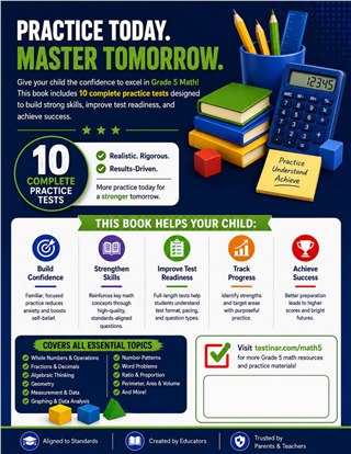 10 Ohio OST Grade 5 Math Practice Tests workbook back cover showing Ohio OST Grade 5 Math skills and answer support