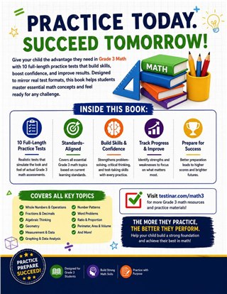 10 Pennsylvania PSSA Grade 3 Math Practice Tests workbook back cover showing Pennsylvania PSSA Grade 3 Math skills and answer support