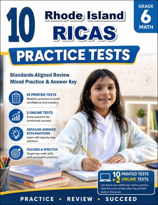 The Rhode Island RICAS Grade 6 Math Practice Tests Bundle workbook image for standards-aligned Rhode Island RICAS Grade 6 Math practice