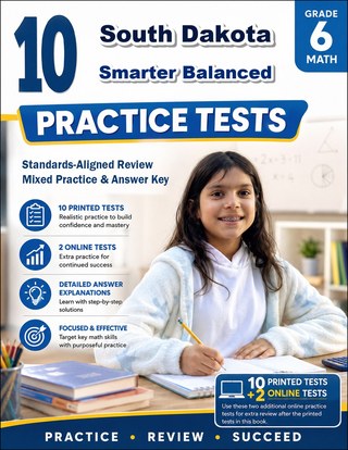 The South Dakota Smarter Balanced Grade 6 Math Practice Tests Bundle workbook image for standards-aligned South Dakota Smarter Balanced Grade 6 Math practice