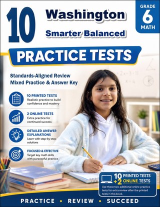 The Washington Smarter Balanced Grade 6 Math Practice Tests Bundle workbook image for standards-aligned Washington Smarter Balanced Grade 6 Math practice