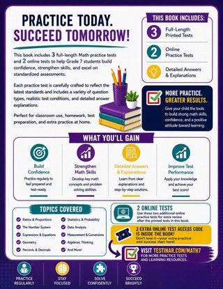 3 Delaware Smarter Balanced Grade 7 Math Practice Tests workbook back cover showing Delaware Smarter Balanced Grade 7 Math skills and answer support