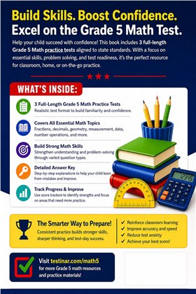 3 Florida FAST Grade 5 Math Practice Tests workbook back cover showing Florida FAST Grade 5 Math skills and answer support