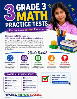 3 Rhode Island RICAS Grade 3 Math Practice Tests workbook back cover showing Rhode Island RICAS Grade 3 Math skills and answer support