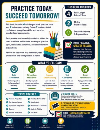 4 Alabama ACAP Grade 7 Math Practice Tests workbook back cover showing Alabama ACAP Grade 7 Math skills and answer support
