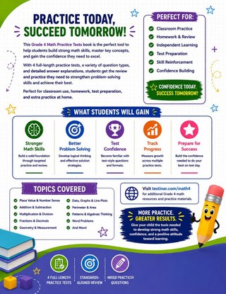 4 Colorado CMAS Grade 4 Math Practice Tests workbook back cover showing Colorado CMAS Grade 4 Math skills and answer support