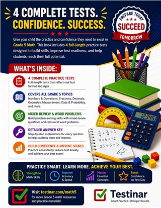 4 Texas STAAR Grade 5 Math Practice Tests workbook back cover showing Texas STAAR Grade 5 Math skills and answer support