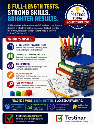 5 Indiana ILEARN Grade 5 Math Practice Tests workbook back cover showing Indiana ILEARN Grade 5 Math skills and answer support