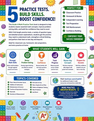 5 Vermont VTCAP Grade 4 Math Practice Tests workbook back cover showing Vermont VTCAP Grade 4 Math skills and answer support