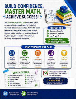 6 Missouri MAP Grade 3 Math Practice Tests workbook back cover showing Missouri MAP Grade 3 Math skills and answer support
