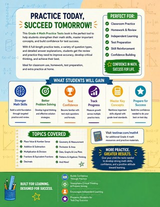 6 Missouri MAP Grade 4 Math Practice Tests workbook back cover showing Missouri MAP Grade 4 Math skills and answer support