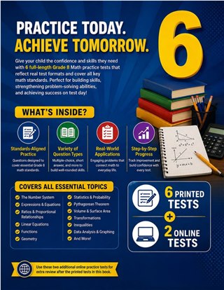 6 Nebraska NSCAS Growth Grade 8 Math Practice Tests workbook back cover showing Nebraska NSCAS Growth Grade 8 Math skills and answer support