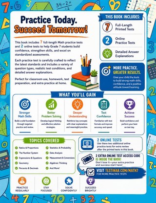 7 Arizona AASA Grade 7 Math Practice Tests workbook back cover showing Arizona AASA Grade 7 Math skills and answer support