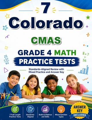 The Colorado CMAS Grade 4 Math Practice Tests Bundle workbook image for standards-aligned Colorado CMAS Grade 4 Math practice