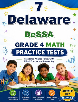 The Delaware DeSSA Grade 4 Math Practice Tests Bundle workbook image for standards-aligned Delaware DeSSA Grade 4 Math practice
