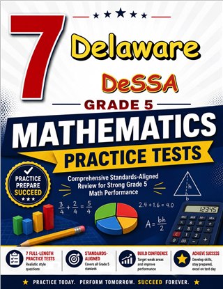 The Delaware DeSSA Grade 5 Math Practice Tests Bundle workbook image for standards-aligned Delaware DeSSA Grade 5 Math practice