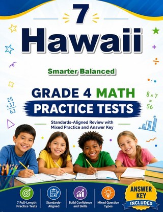 The Hawaii Smarter Balanced Grade 4 Math Practice Tests Bundle workbook image for standards-aligned Hawaii Smarter Balanced Grade 4 Math practice
