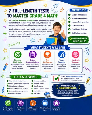 7 Massachusetts MCAS Grade 4 Math Practice Tests workbook back cover showing Massachusetts MCAS Grade 4 Math skills and answer support