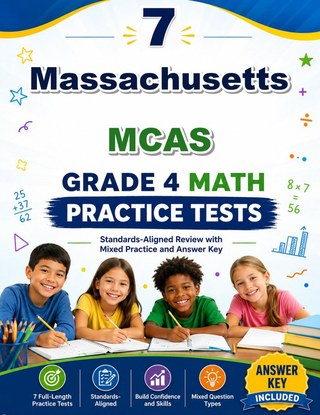 The Massachusetts MCAS Grade 4 Math Practice Tests Bundle workbook image for standards-aligned Massachusetts MCAS Grade 4 Math practice