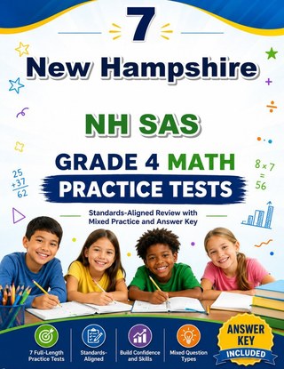 The New Hampshire NH SAS Grade 4 Math Practice Tests Bundle workbook image for standards-aligned New Hampshire NH SAS Grade 4 Math practice