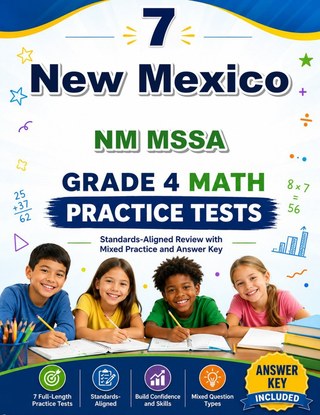 The New Mexico NM MSSA Grade 4 Math Practice Tests Bundle workbook image for standards-aligned New Mexico NM MSSA Grade 4 Math practice