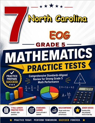 The North Carolina EOG Grade 5 Math Practice Tests Bundle workbook image for standards-aligned North Carolina EOG Grade 5 Math practice