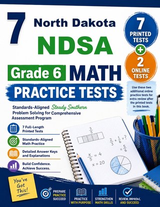 The North Dakota NDSA Grade 6 Math Practice Tests Bundle workbook image for standards-aligned North Dakota NDSA Grade 6 Math practice