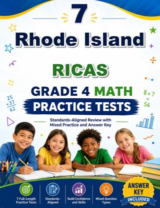 The Rhode Island RICAS Grade 4 Math Practice Tests Bundle workbook image for standards-aligned Rhode Island RICAS Grade 4 Math practice