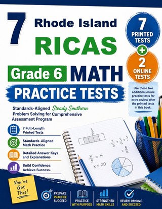 The Rhode Island RICAS Grade 6 Math Practice Tests Bundle workbook image for standards-aligned Rhode Island RICAS Grade 6 Math practice