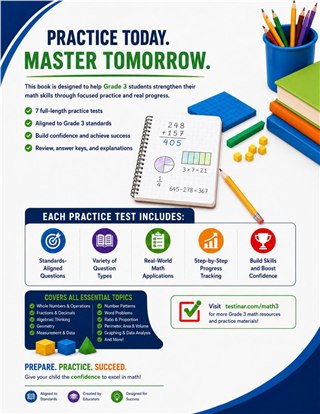 7 Texas STAAR Grade 3 Math Practice Tests workbook back cover showing Texas STAAR Grade 3 Math skills and answer support
