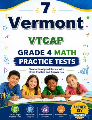 The Vermont VTCAP Grade 4 Math Practice Tests Bundle workbook image for standards-aligned Vermont VTCAP Grade 4 Math practice