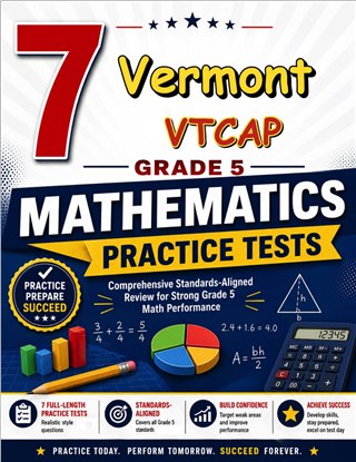 The Vermont VTCAP Grade 5 Math Practice Tests Bundle workbook image for standards-aligned Vermont VTCAP Grade 5 Math practice