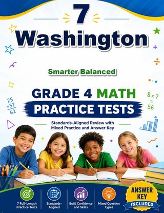 The Washington Smarter Balanced Grade 4 Math Practice Tests Bundle workbook image for standards-aligned Washington Smarter Balanced Grade 4 Math practice