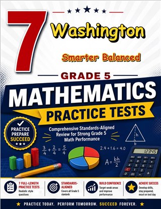 The Washington Smarter Balanced Grade 5 Math Practice Tests Bundle workbook image for standards-aligned Washington Smarter Balanced Grade 5 Math practice