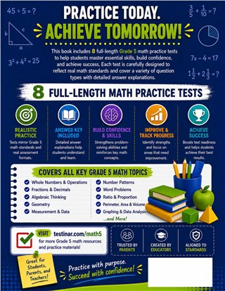 8 Indiana ILEARN Grade 5 Math Practice Tests workbook back cover showing Indiana ILEARN Grade 5 Math skills and answer support