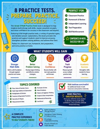 8 New Jersey NJSLA Grade 4 Math Practice Tests workbook back cover showing New Jersey NJSLA Grade 4 Math skills and answer support