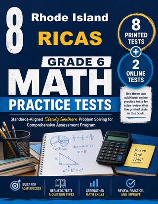 The Rhode Island RICAS Grade 6 Math Practice Tests Bundle workbook image for standards-aligned Rhode Island RICAS Grade 6 Math practice