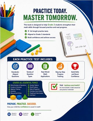 8 Texas STAAR Grade 3 Math Practice Tests workbook back cover showing Texas STAAR Grade 3 Math skills and answer support