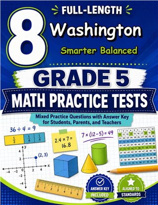 The Washington Smarter Balanced Grade 5 Math Practice Tests Bundle workbook image for standards-aligned Washington Smarter Balanced Grade 5 Math practice