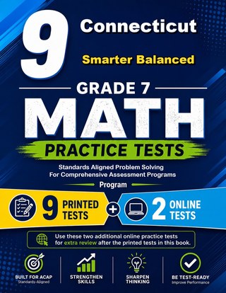 The Connecticut Smarter Balanced Grade 7 Math Practice Tests Bundle workbook image for standards-aligned Connecticut Smarter Balanced Grade 7 Math practice