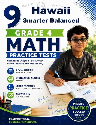 The Hawaii Smarter Balanced Grade 4 Math Practice Tests Bundle workbook image for standards-aligned Hawaii Smarter Balanced Grade 4 Math practice