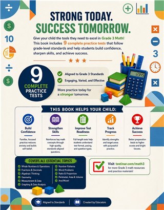 9 Kansas KAP Grade 3 Math Practice Tests workbook back cover showing Kansas KAP Grade 3 Math skills and answer support