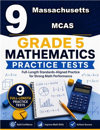The Massachusetts MCAS Grade 5 Math Practice Tests Bundle workbook image for standards-aligned Massachusetts MCAS Grade 5 Math practice