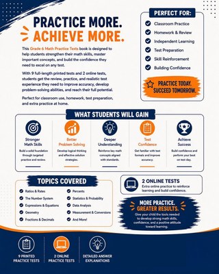 9 Michigan M STEP Grade 6 Math Practice Tests workbook back cover showing Michigan M STEP Grade 6 Math skills and answer support