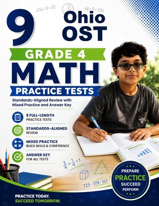The Ohio OST Grade 4 Math Practice Tests Bundle workbook image for standards-aligned Ohio OST Grade 4 Math practice